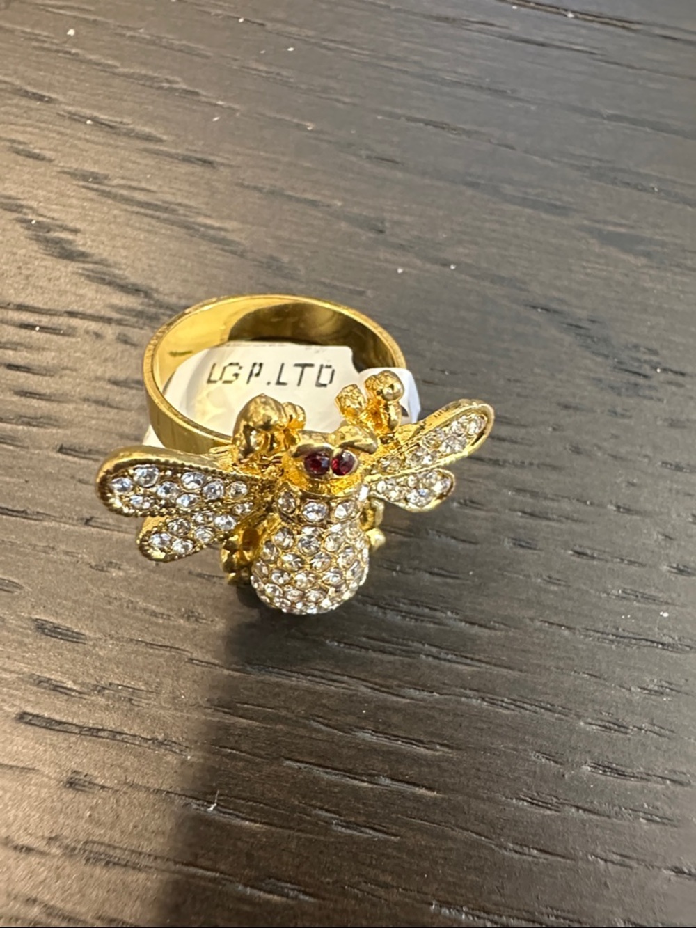 Goldtone Crystal Bee Ring • Statement Insect Ring • Red Crystal Eyes • LGP LTD
